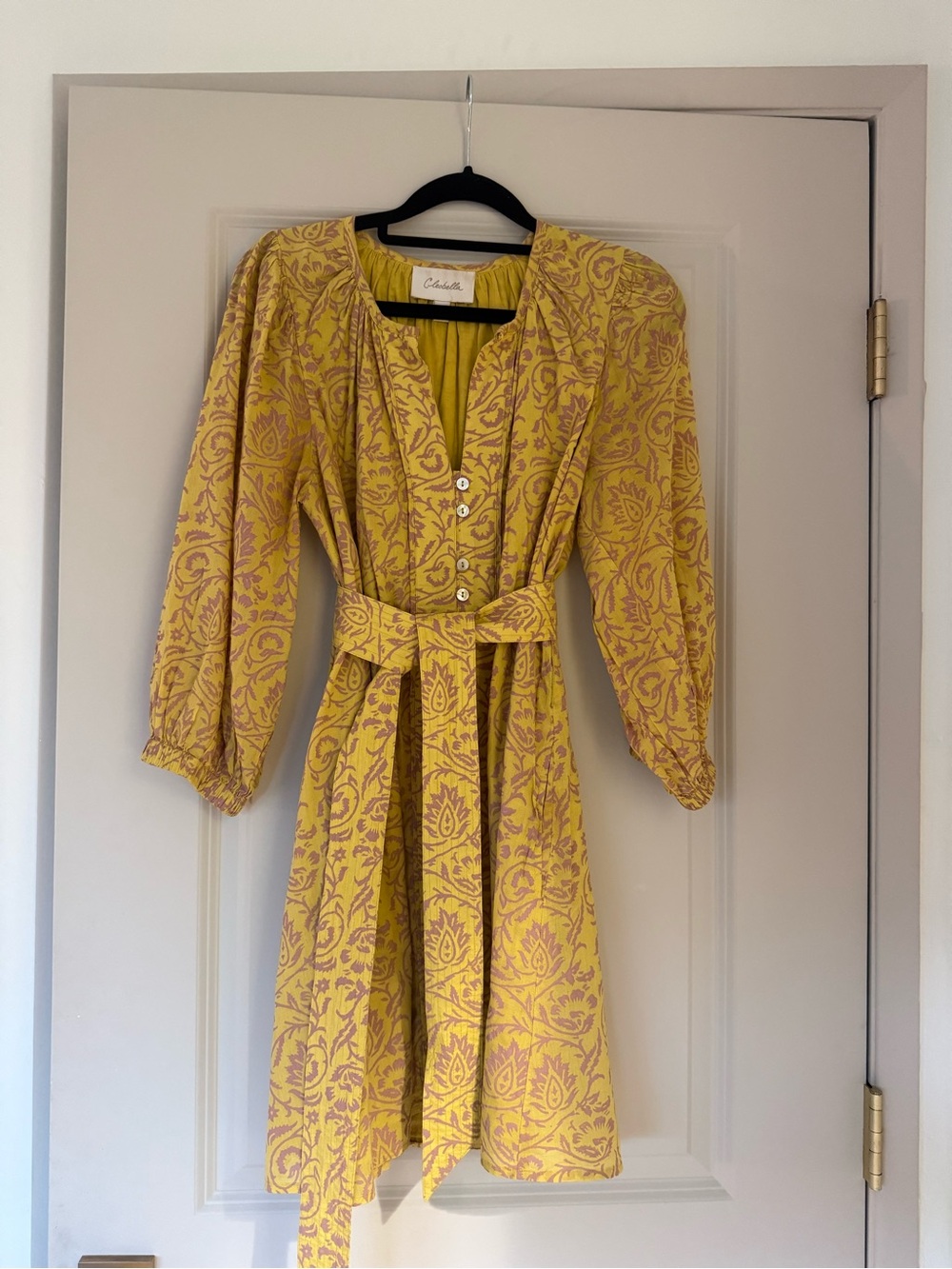 Cleobella Yellow Floral Long Sleeve Midi Dress with Belt and Sleeves | Small